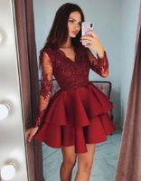 Wholesale Tiered Ruffles Burgundy Satin Short Prom Dresses Modest Sheer Long Sleeves Formal Party Gowns Appliques Lace th Grade Homecoming Dress
