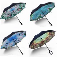 Wholesale new Folding Reverse Umbrella Styles Double Layer Inverted Long Handle Windproof Rain Car Umbrellas C Handle Umbrellas EWE7376