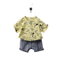 Wholesale Tiktok Kids Boys Shorts Set Two Piece Summer Outfit Baby Toddler Designers T shirt and Short Jeans Denim Pants Trouses Tracksuit Casual Clothing Sport Suit G59IPG6