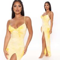 Wholesale Tie Dye Dress Summer Sleeveless Backless Sexy Dresses Woman Party Night Wear Slim Fit Bodycon Maxi Dresses Yellow