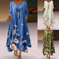 Wholesale Casual Dresses Ladies Summer Fashion Dress Retro Floral Online Trend Elegant Loose Long Sleeve