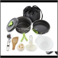 Wholesale Kitchen Dining Bar Home Garden11Pcs Outdoor Travel Hiking Cookware Tableware Picnic Cooking Pan Fry Kettle Teapot Foldable Fork Spoon Kit