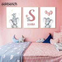 Wholesale Paintings Elephant Poster Personalized Custom Name Art Print Nursery Wall Nordic Canvas Pictures Baby Girl Room Decoration