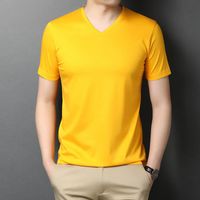 Wholesale Men s T Shirts Mercerized Cotton Viscose T Shirt Men Gold Yellow Summer Short Sleeve Tshirt Solid Color V neck Brand Tops Plain