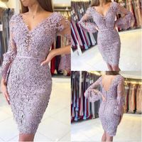 Wholesale Elegant Beaded Party Cocktail Dresses Short Above Knee Women Party Dress Poet Sleeves Sheath Lace Appliques Formal Gown
