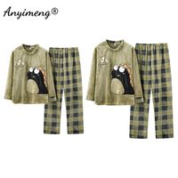 Wholesale Plus Size Cute Monster Pajamas Set for Couple Fashion Homewear for Women Pullover Flannel Winter Thick Preppy Sleepwear for Men
