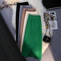 Wholesale Syiwidii Green Side Split Sexy Knitted Long Skirt for Women Autumn Winter Elastic Band Fashion Casual Pencil Midi Skirts