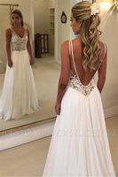 Wholesale Sexy Open Back Wedding Dress A Line Deep V Neck Appliques Chiffon Long Summer Beach Boho Bridal Gowns BC0875