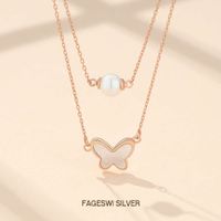 Wholesale S925 silver necklace ladies chain butterfly shell pearl pendant double deck Sterling Silver sweater tiktok live broadcast