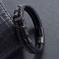 Wholesale Men s Jewelry Black Stainless Steel Clasp Wristband Fashion Bangle Punk Woven Leather Cord Bracelet
