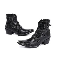 Wholesale Men s Boots High Heels Studded Black Genuine Leather Military Ankle Boots Steel Toe Punk Dress Work Shoes With Spikes Men
