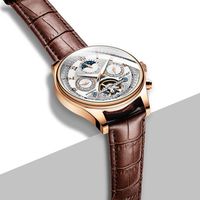 Wholesale Wristwatches Tourbillon Skeleton Automatic Mechanical Watch Men Luxury Rose Gold Brown Leather Self Winding Wrist Watches Reloj Hombre TODO