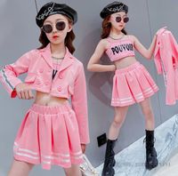 Wholesale Girls pink princess clothes sets kids letter printed tank top lapel double breasted short outwear stripe pleated skirt children Hip hop dance outfits Q1603