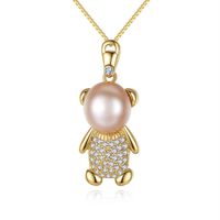 Wholesale Trendy Charm Cute Bear Shape Pearl Cubic Zircon Pendant Sterling Sier Box Chain Necklace For Women