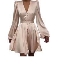 Wholesale Elegant Satin Women Dresses V Neck Puff Sleeve Party Robes Femme Plain Ruched Button Front Dress Ladies Outfits
