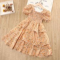 Wholesale Floral Girl Dress Summer Sweet Children Princess Holiday Style Square Neck Puff Sleeve Chiffon Layered