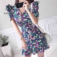 Wholesale Summer Women Korean Elegant Floral Mini Ruffle Chiffon Dress Bodycon High Waist V Neck Garment Horn Sleeve Bag Hip Dress D14104X