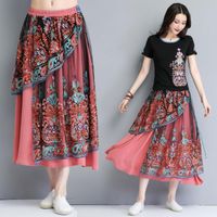 Wholesale Skirts Online Chinese Store Vintage Womens Autumn Spring Mexico Style Long Boho Pink Patchwork Embroidery Midi Skirt Saia