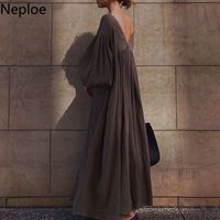 Wholesale Neploe Japanese Vintage Maxi Dresses Fir Women Solid Color Bandage Sexy V neck Vestidos Puff Sleeve Loose Robe Blackless Dress