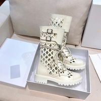 Wholesale Top quality D Trap Calf Hair Combat Boots in white matte genuine leather cutout lace up shoes women luxury designers ankle boot low heel