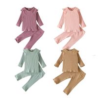 Wholesale Clothing Sets Baby Girls Ribbed Solid Pajama Top Fall Trousers Stripes Ruffle Long Sleeves Elastic Kids Sleep Clothes