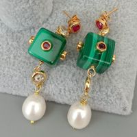 Wholesale YYGEM Cz Pave Chain Natural Green Malachite Cube Cultured White Rice Pearl Stud Earrings