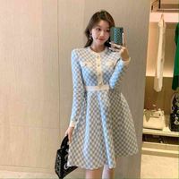 Wholesale Designer Womens european style loog knit Plaid printing dress autumn sweater casual clothing Knitted dresses women girl warm Long sleeve