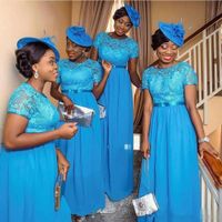 Wholesale Hot Sales New Blue Chiffon Long Bridesmaid Dresses Nigerian Style Floor Length A Line Short Sleeve Lace Wedding Prom Gowns Plus Size B103