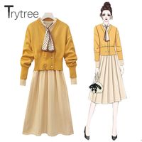 Wholesale Trytree Autumn Winter Two Piece Women Set Puff Sleeve Double Breasted Coat Dot Ribbons Dress Office Lady Suit Women s Tracksuits