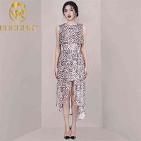 Wholesale Summer Sexy O Neckline Dress Sleeveless Leopard Print Asymmertrical Bow Sashes Chifon Midi Causal Style