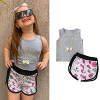 Wholesale 1 Years Little Girl Summer Set Pearl Shell Sleeveless Vest Tops Printing Short Suit Girls Gray Outfits Clothing Sets