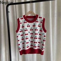 Wholesale Neploe Woman Sweaters Vest O neck Crochet Floral Cherry Knitted Cropped Pullovers Tank Korean Sweet Waistcoat Tops women H380