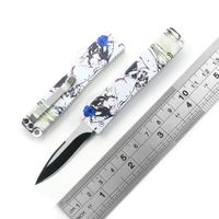 Wholesale Mini Japanese style silver key pendant automatic knife blade CNC aluminum handle D printing pictures Outdoor EDC tools