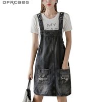 Wholesale Gray Loose Ripped Suspender Jumpsuit Skirts Jeans High Waist Streetwear Summer Vintage Strap Denim Skirt Overalls Female