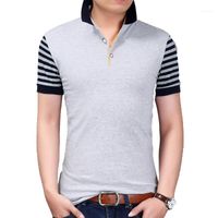 Wholesale Fashion Korean Style Summer Mens T shirt Striped Short Sleeve Turn down Collar Patchwork Design Men Cotton Clothing