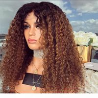 Wholesale Honey Blonde Ombre Silk Base Human Hair Wigs Glueless Virgin Peruvian Kinky Curly Remy Hair Lace Front Wig Two Tone Color b