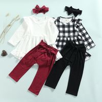 Wholesale 3Pcs Little Girls Outfit Sweet Style Plaid Solid Lace Splicing Wide Hem Long Sleeve Round Collar Tops Pants Headwear T