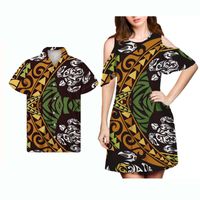 Wholesale Casual Dresses HYCOOL Polynesian Tribal Design Vintage Women Sexy Cold Shoulder Dress Summer Couple Plus Size Vacation Honey Moon