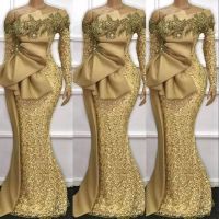 Wholesale Sparkly Gold Sequins Evening Dresses Off the Shoulder Mermaid Long Sleeves Designer Prom Party Gown Custom Made Plus Size Formal Occasion Wear vestidos