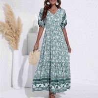 Wholesale Summer Bohemian Sexy Dress For Women Fashion Vintage Solid Green Maxi Robe Casual Wedding Guest High Waist Lady Dresses