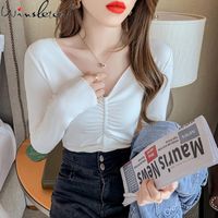 Wholesale Women s T Shirt Spring Fall Korean Style Short Girl Chic Sexy Back Lace Up V Neck Women Tops Cotton Bottoming Shirt Tees T11902A