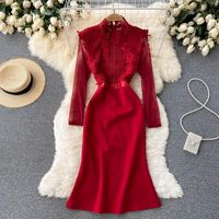 Wholesale Casual Dresses Autumn High Quality Self Portrait Women Red Lace Embroidery Patchwork Runway Dress Sweet Office Work Slim Bodycon