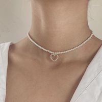 Wholesale Pendant Necklaces Elegant Jewelry Open CZ Heart Pearl Necklace Ivory Imitation Women Choker Collier Femme Wedding Bridesmaid Gift