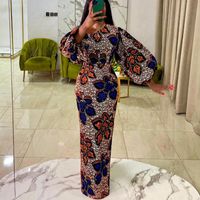 Wholesale Casual Dresses Women Printed Dress Long Lantern Sleeves Retro Maxi Vintage Slim High Waist Floral African Female Celebrate Occasion Robes