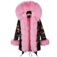 Wholesale winter women coats Lavish pink fox fur trim closing cuff ladies snow parkas Mukla furs pink rabbit fur lining camouflage long jackets