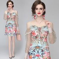 Wholesale Casual Dresses Summer Women Fashion Runway Skirts Set Lace Ruffles Print Cami Tops High Waist Mini Two Pieces Suits