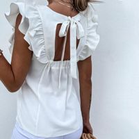Wholesale Women s Blouses Shirts Elegant Women Solid Ruffle Sexy Back Hollow Out Tie Up Bow Shirt Tops Office Lady O Neck Sleeveless Design Blusas