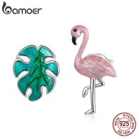 Wholesale Silver Flamingo and Leaf Earrings Sterling Forest Fresh Stud Earring for Girl fashion Jewelry SCE1124