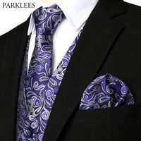 Wholesale Purple Paisley Floral Jacquard Vest Tie Handkerchief Set Slim Fit Male Tuxedo Vest For Party Wedding Gilet Homme