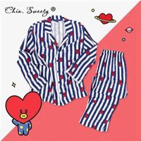 Wholesale Print Women s Striped Cartoon Cute Pajamas Set Top Shirts Pants Kawaii Homewear Suit Female Spring Summer Korean Sleepwear Suits